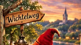 Holzschild „Wichtelweg“ mit Laterne und roter Wichtelmütze im Abendlicht