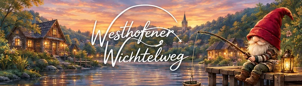 Ein Wichtel angelt am Steg vor dem leuchtenden Wichteldorf im Abendlicht